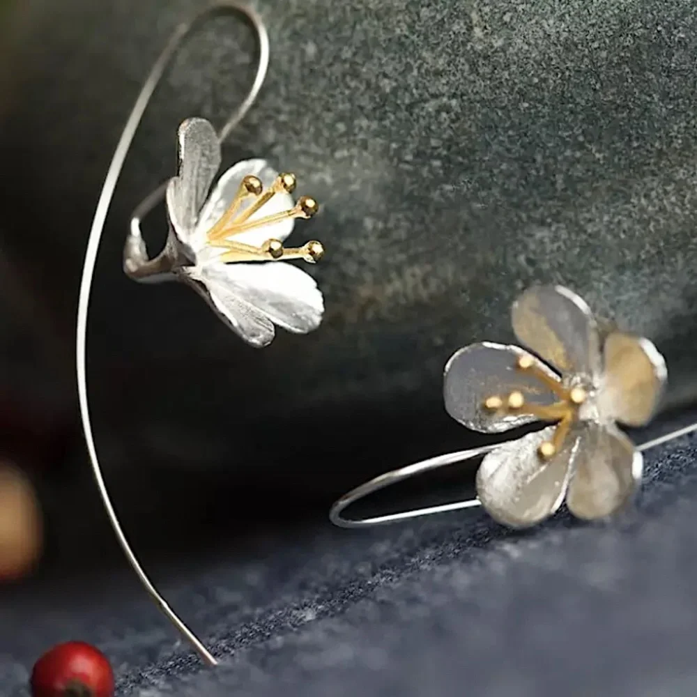 Japanese Cherry Blossom Floral Silver Loop Earring - Picture 1 of 7